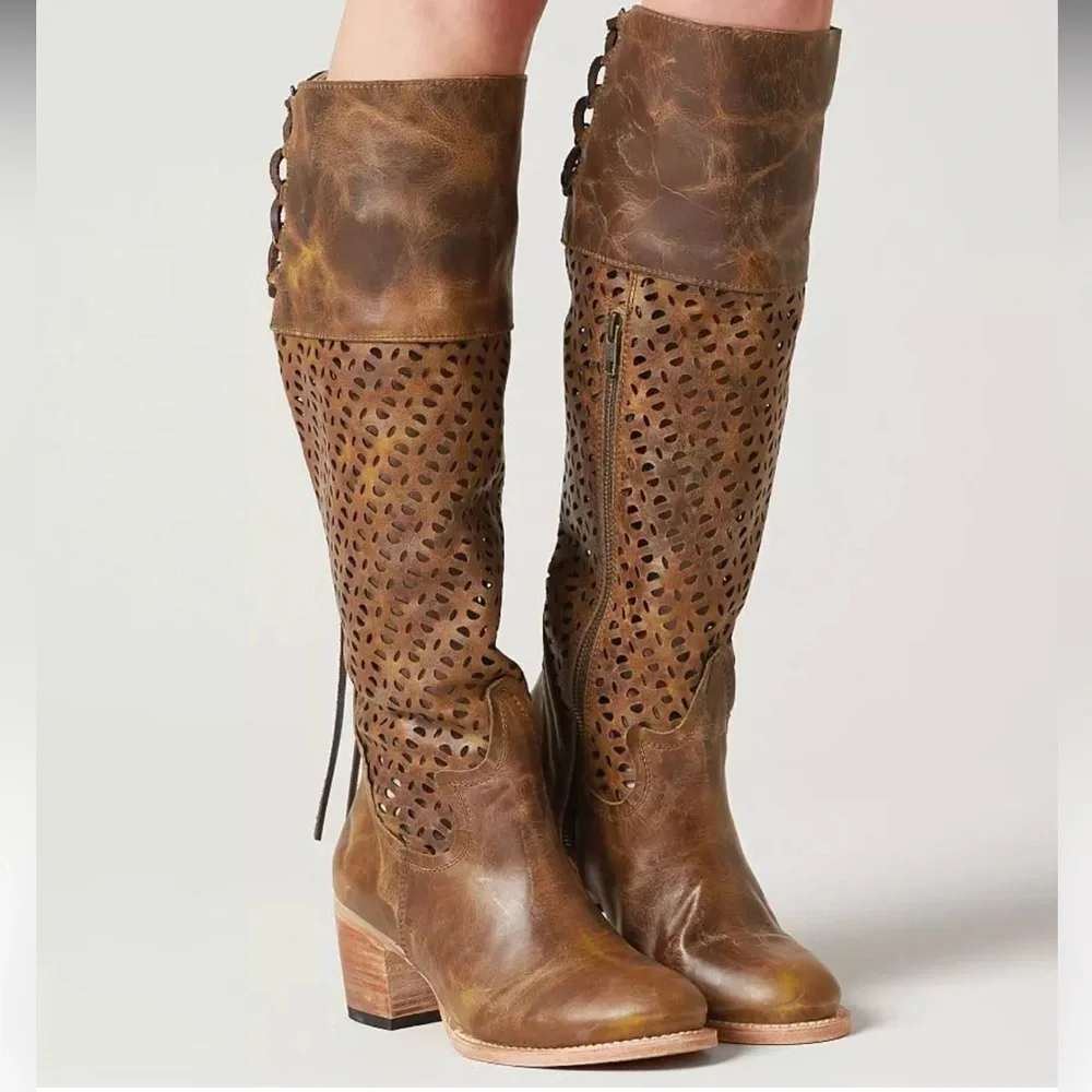 Freebird By Steven Black Creek Leather Perforated Lace Up Back Tall Boots NWOT 6